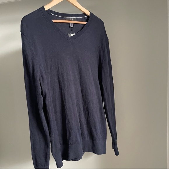 Men’s Sweater Large Magaschoni Long Sleeve V Neck Knitted Pull On Navy Blue 3046 - Picture 1 of 7